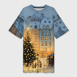 Футболка женская длинная Новый год в старом уютном городе, цвет: 3D-принт