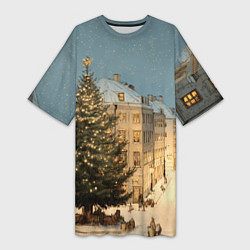 Женская длинная футболка Елка во дворе города