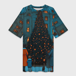 Женская длинная футболка Люди встречают новый год во дворе