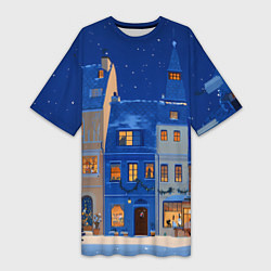 Женская длинная футболка Синяя новогодняя елочка во дворе