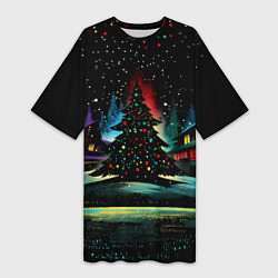 Женская длинная футболка Новый год на черном фоне