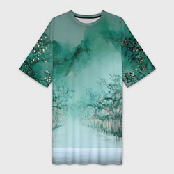 Футболка женская длинная Новогодняя туманная улица, цвет: 3D-принт