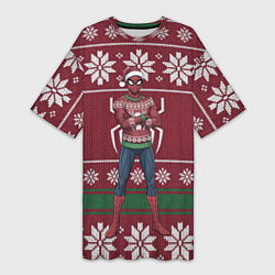 Футболка женская длинная Человек паук в вязаном свитере - новый год, цвет: 3D-принт