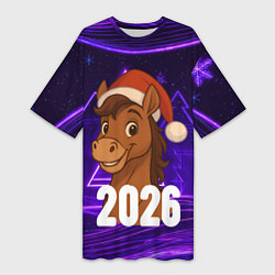 Женская длинная футболка 2026 новогодняя лошадка на фоне фиолетовых елок