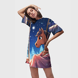 Футболка женская длинная Лошадка зимней звездной ночью, цвет: 3D-принт — фото 2