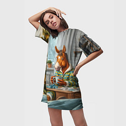 Футболка женская длинная Лошадка встречает Новый год дома, цвет: 3D-принт — фото 2