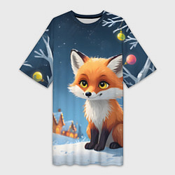 Футболка женская длинная Лисичка новогодней ночью, цвет: 3D-принт