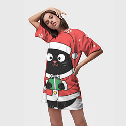 Футболка женская длинная Новогодний котик с подарком, цвет: 3D-принт — фото 2