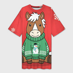 Футболка женская длинная Новогодняя лошадка в зеленом свитере, цвет: 3D-принт