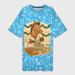 Женская длинная футболка Лошадь готовит Оливье на Новый год