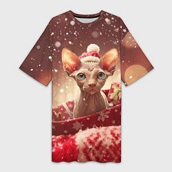 Женская длинная футболка Сфинкс новогодняя кошка