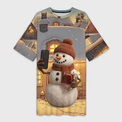 Футболка женская длинная Снеговик с глинтвейном делает селфи, цвет: 3D-принт