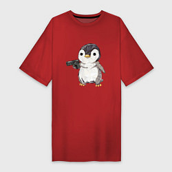 Футболка женская-платье Пингвин с пистолетом, цвет: красный