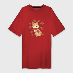 Женская футболка-платье Осенний милый котик и листопад