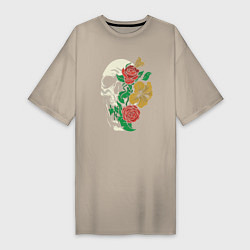Футболка женская-платье Floral Roses Skull, цвет: миндальный
