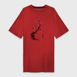 Футболка женская-платье Сакура с иероглифами, цвет: красный