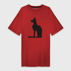 Футболка женская-платье Силуэт черной кошки, Египетская богиня Бастет, цвет: красный