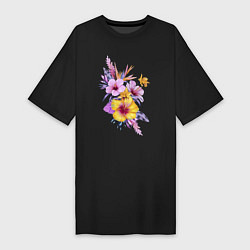 Женская футболка-платье Цветы Разноцветные Гибискусы