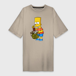 Футболка женская-платье Барт Симпсон разбирает свой рюкзак, цвет: миндальный