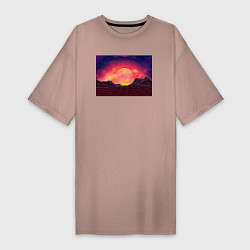 Женская футболка-платье 3D неоновые горы на закате