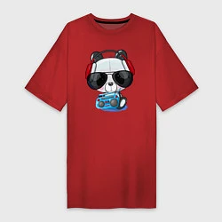 Футболка женская-платье Прикольный маленький панда в очках с магнитолой, цвет: красный