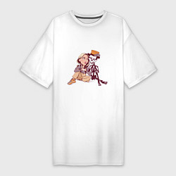 Женская футболка-платье Девушка и скелетик в шляпе