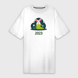 Футболка женская-платье Заяц в сапоге 2023, цвет: белый