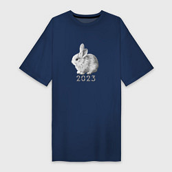 Футболка женская-платье Новогодний белый кролик, символ 2023 года, цвет: тёмно-синий