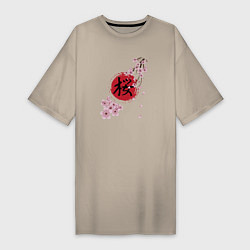 Женская футболка-платье Цветущая вишня и красный круг с японским иероглифо