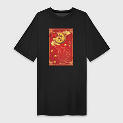 Женская футболка-платье Китайский иероглиф и золотой кролик на красном