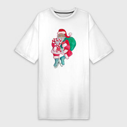 Женская футболка-платье Санта Клаус с мешком подарков на коньках