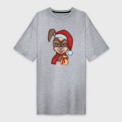 Женская футболка-платье Кролик новогодний в шапке Деда Мороза с подарком