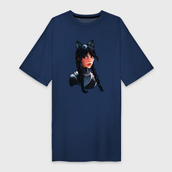 Футболка женская-платье Чёрная кошка Уэнсдэй, цвет: тёмно-синий