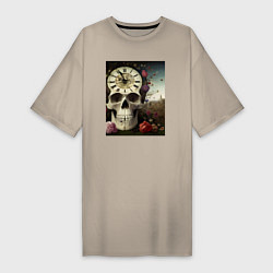 Женская футболка-платье Помни о смерти- череп, часы, цветы