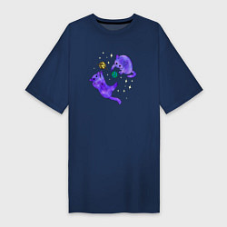 Футболка женская-платье Космические коты, играющие планетами, цвет: тёмно-синий
