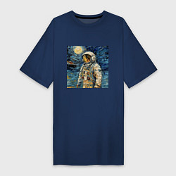 Футболка женская-платье Космонавт на луне в стиле Ван Гог, цвет: тёмно-синий