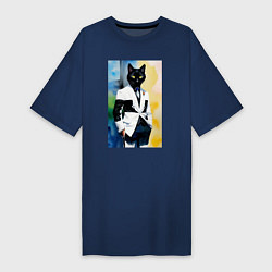 Футболка женская-платье Модный чёрный кот-джентльмен - мем, цвет: тёмно-синий