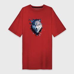 Футболка женская-платье Голова волка - рисунок с пятнами краски, цвет: красный