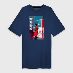 Футболка женская-платье Онна-бугэйся - девушка-самурай - иероглифы - Япони, цвет: тёмно-синий