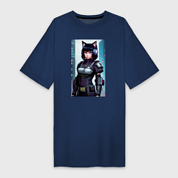Женская футболка-платье Девчонка-кошка - киберпанк - нейросеть
