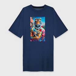 Футболка женская-платье Тигрица - космонавт с тигрятами - нейросеть, цвет: тёмно-синий