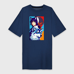 Женская футболка-платье Девочка-волчонок и волк - аниме - нейросеть
