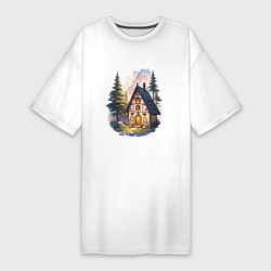 Женская футболка-платье Сказочный домик в лесу в горах