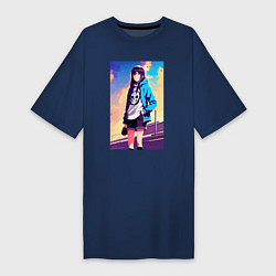 Футболка женская-платье Прикольная девчонка с черепом на футболке - аниме, цвет: тёмно-синий