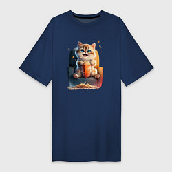 Женская футболка-платье Веселый котик с попкорном
