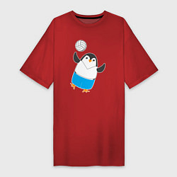Футболка женская-платье Пингвин волейболист, цвет: красный