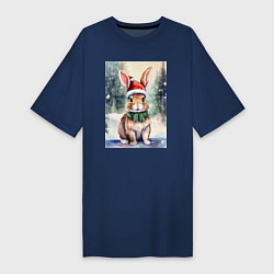 Футболка женская-платье Счастливый кролик в рождественской шапке, цвет: тёмно-синий