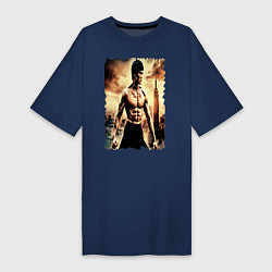Футболка женская-платье Брюс Ли на фоне города, цвет: тёмно-синий