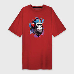 Футболка женская-платье Шимпанзе в наушниках, цвет: красный
