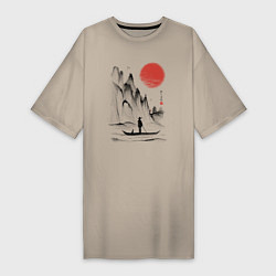 Женская футболка-платье Традиционный японский пейзаж с рыбаком и горами